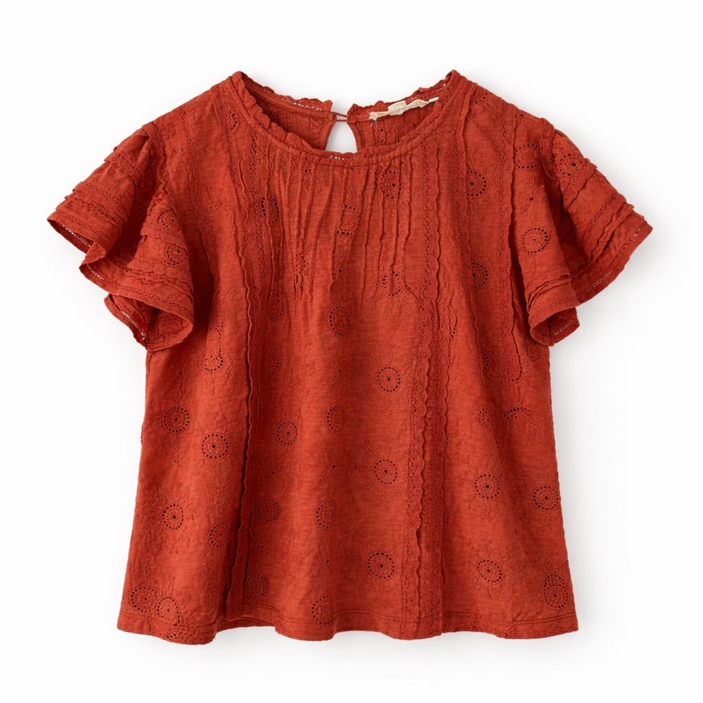Anthropologie Forever That Girl Rust Eyelet Ruffle Sleeve Blouse XS